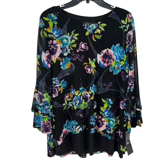 New Calessa Floral Mesh Layered Tunic Shirt Plus Size 2X Layered 3/4 sleeves - Picture 1 of 7